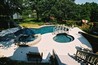 A pool with a spa, a bridge and a slide.